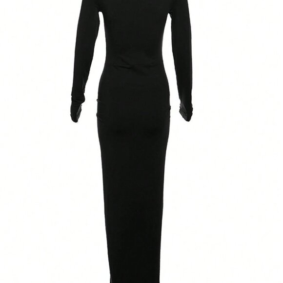 Black Elegant Women's Sexy Cinched Waist Long Dress - Picture 4 of 4